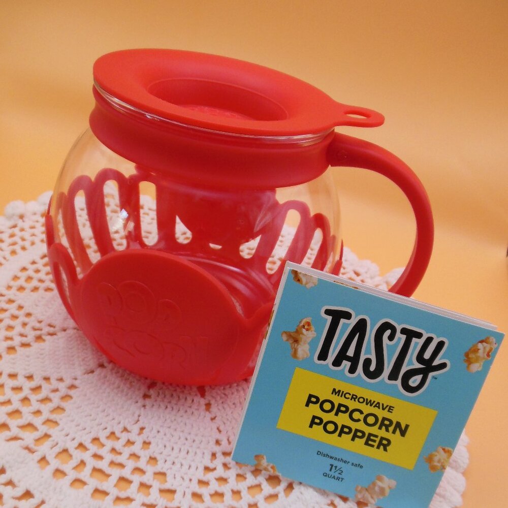 popcorn popper microwave glass silicone red cover over clear glass lid & instr